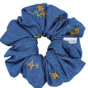 Large Denim Scrunchie  Floral Embroidered Denim Scrunchie